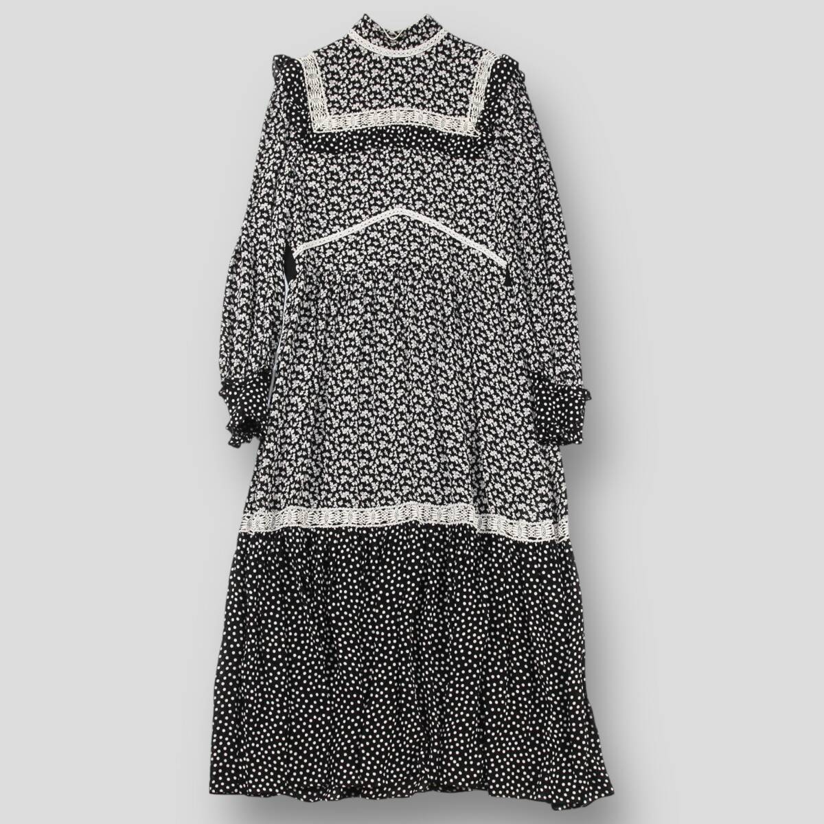 美品 CELINE 20AW プレーリードレス プリント 2R751313F.38OW 40 長袖 花柄 フローラル ポルカドット レース ワンピース マキシ ハイネック