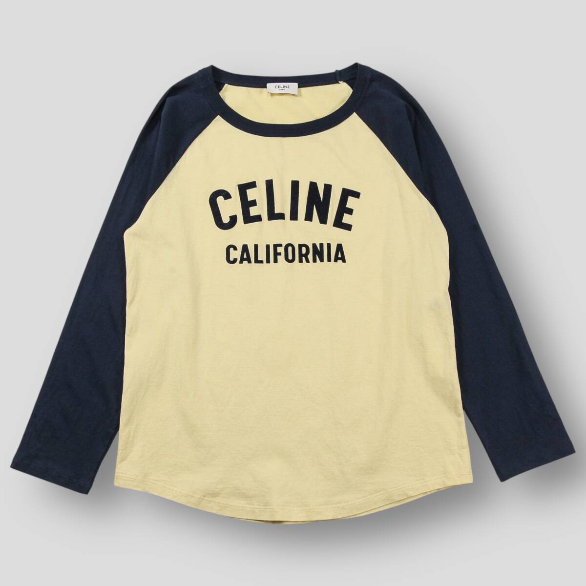 美品 CELINE 23SS カリフォルニア 70'S Tシャツ コットンジャージー 2X19H671Q.11LD S イエロー 長袖 ラグラン ロゴ フロッキー レディース