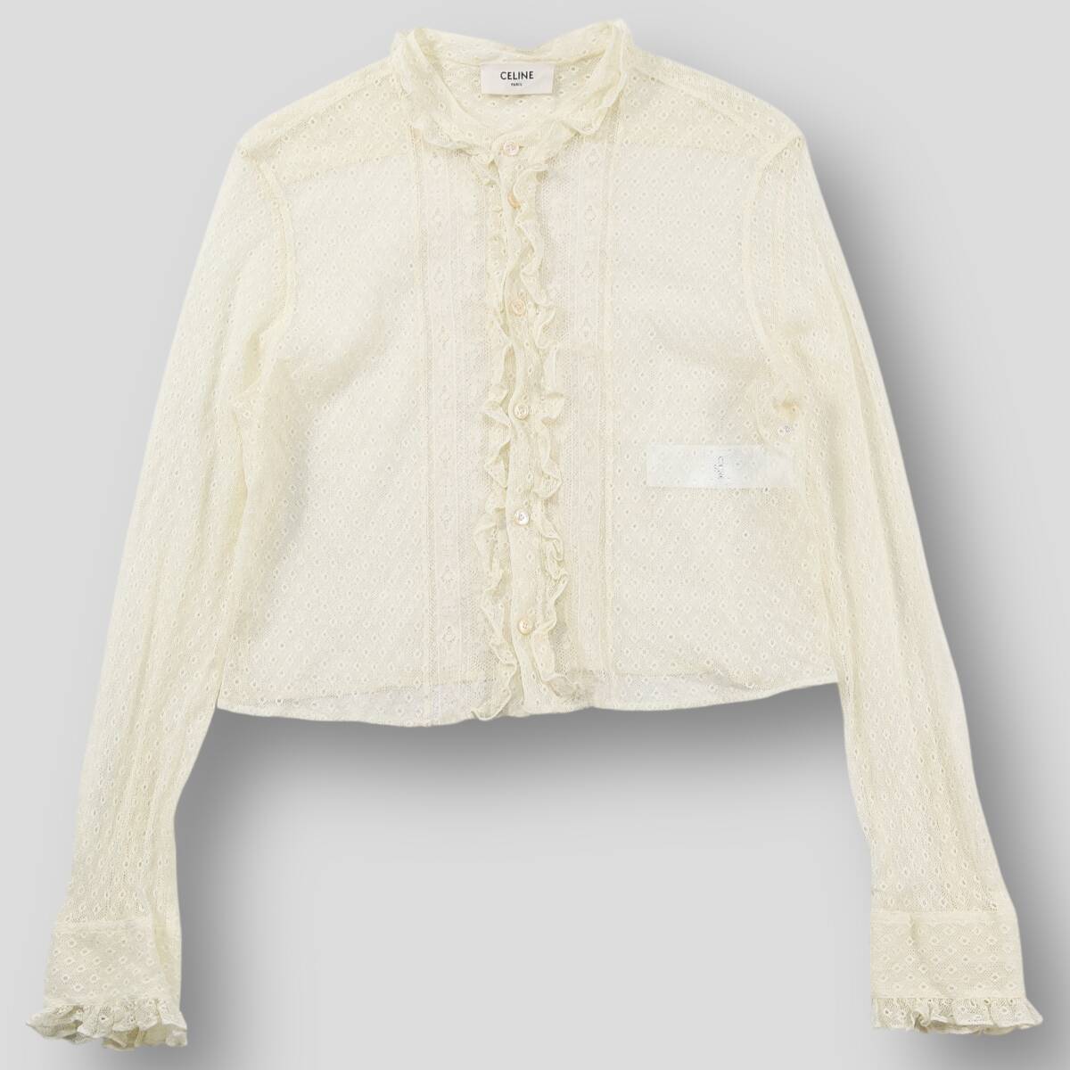 極美品 CELINE 24SS ロミー クロップドシャツ / レース&コットン 2C00B375W.12CR 42 オフホワイト 長袖 フリルカラー ブラウス レディース