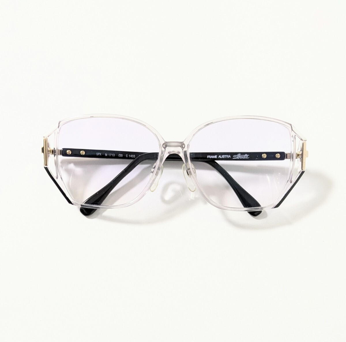 《 Silhouette 》シルエット 度入り眼鏡 クリアのセルフレーム×ブラック×ゴールドカラーのコンビネーション 多角形型 お洒落メガネ 美品 