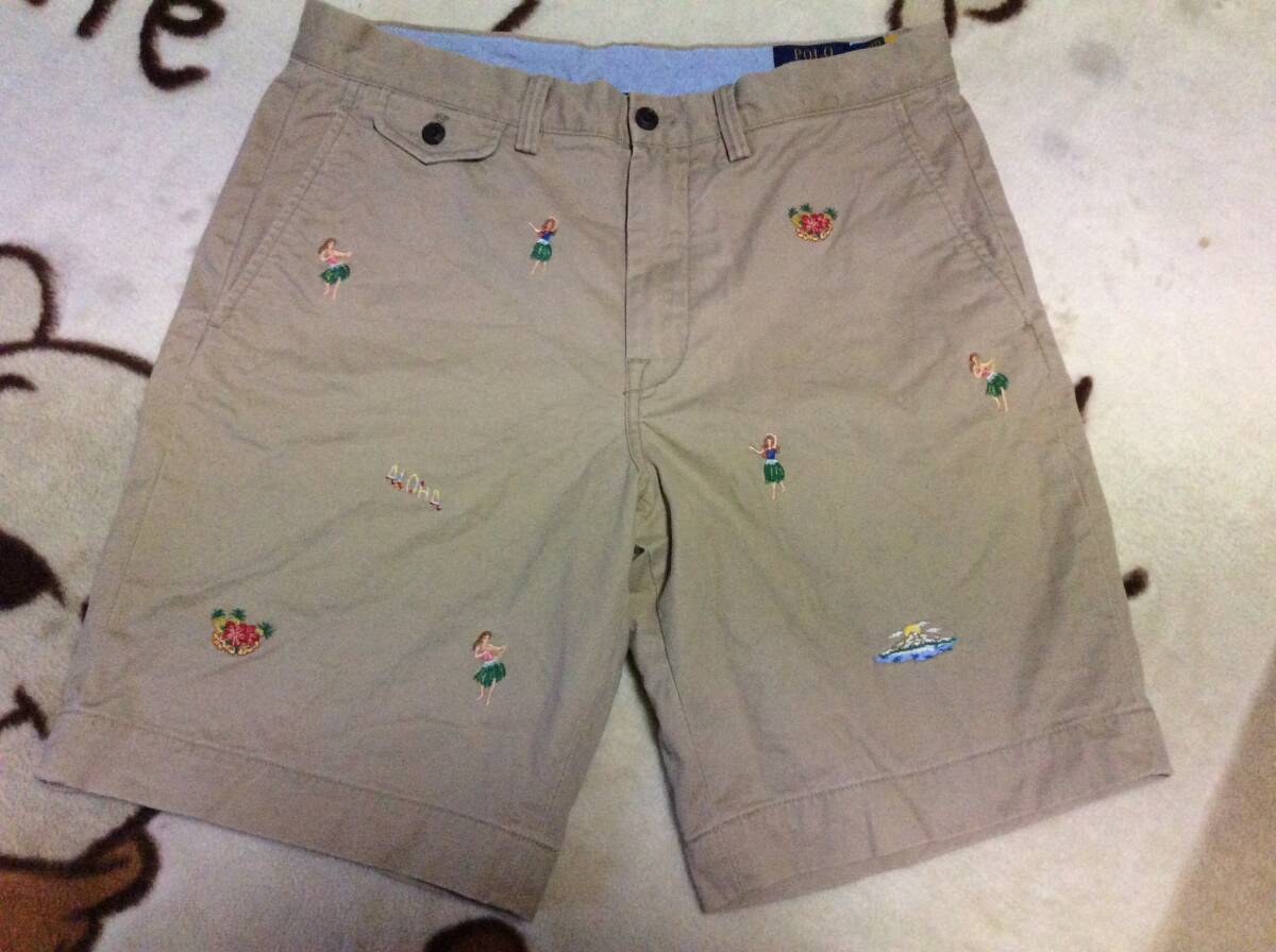 ◎　POLO　ラルフローレン　チノクロス　ハーフパンツ　ALOHA柄　刺繍　ウオッチポケット付き　美中古　　　　　　　　W32　85㎝