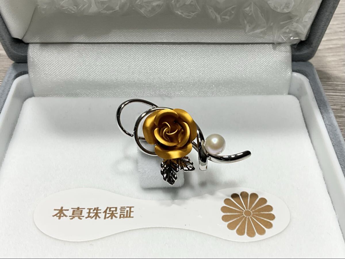 ★ O.347 皇居 本真珠 ピンブローチ パール バラ 薔薇 シルバー×イエロー 未使用 ★
