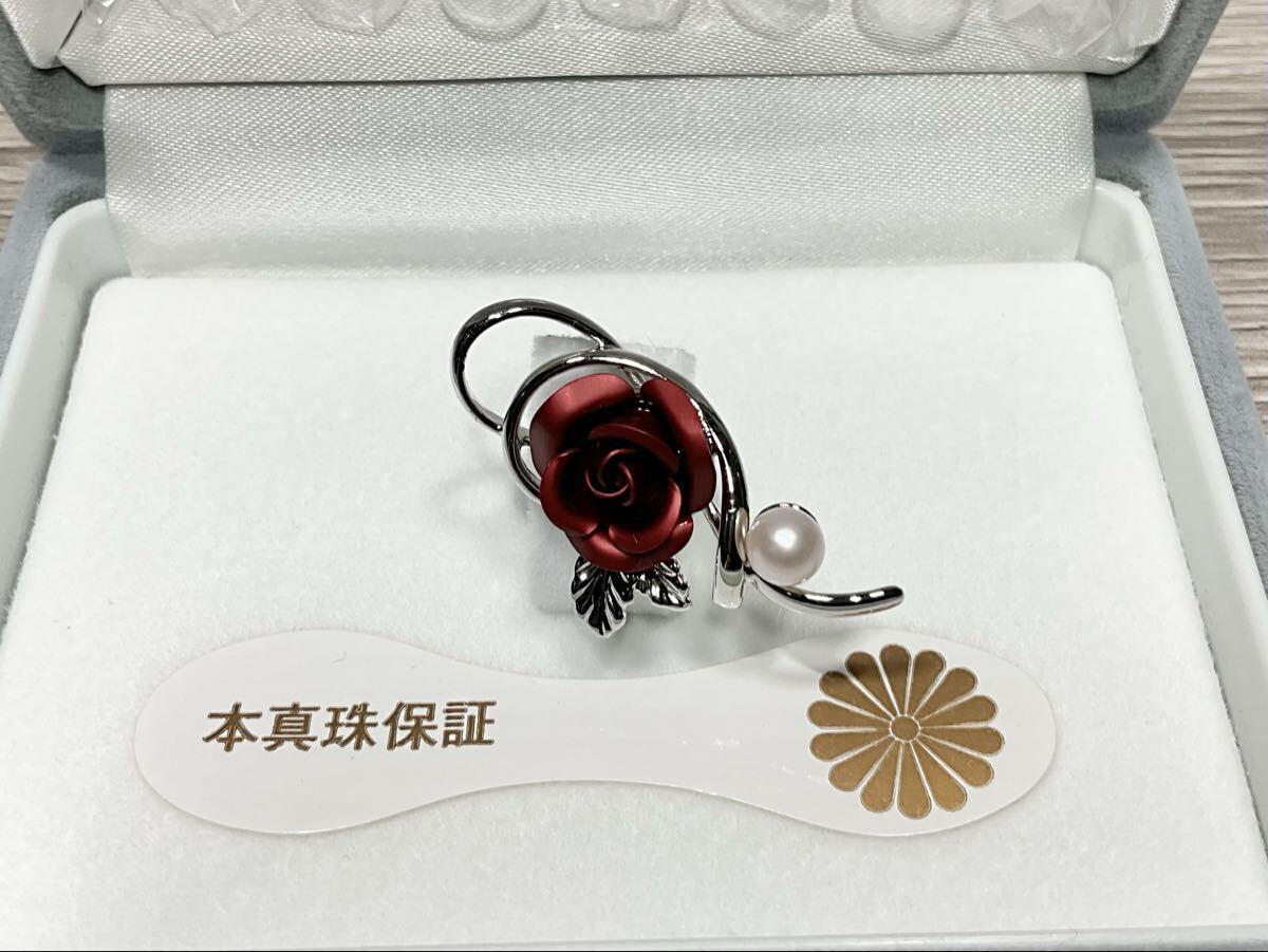 ★ O.348 皇居 本真珠 ピンブローチ パール バラ 薔薇 シルバー×レッド 未使用 ★