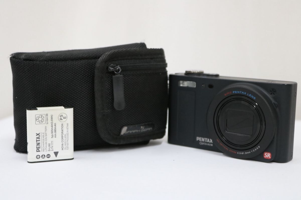 【美品 返品保証】 ペンタックス Pentax Optio RZ18 ブラック 18x バッテリー ケース付き コンパクトデジタルカメラ e8105