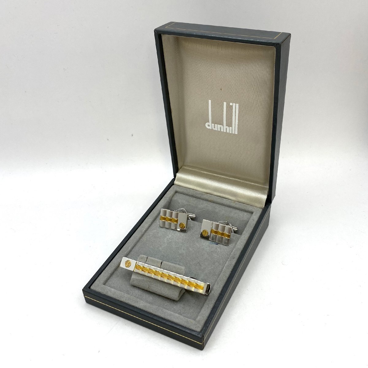 1円～/dunhill/ダンヒル/dロゴ/カフス/タイピン/ゴールド×シルバーカラー/セット/ファッション/メンズ/アクセサリー/ケース付/H063