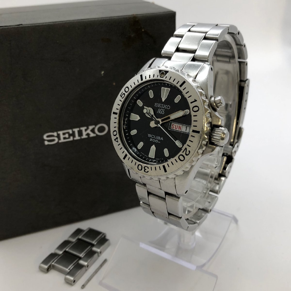 1円～/SEIKO/セイコー/AGS/SCUBA/5M43-0C50/3針/デイデイト/ブラック文字盤/200m/余りコマ・付属品付/メンズ腕時計/稼動品/ジャンク/S092