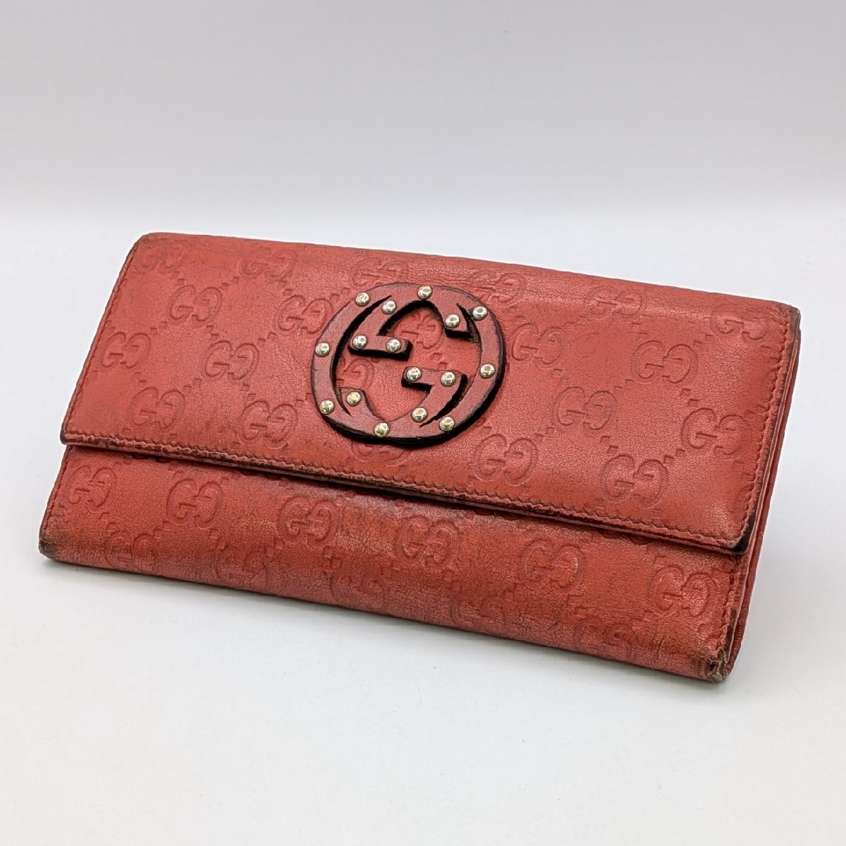１円～/GUCCI/グッチ/インターロッキングG/グッチシマ/スタッズ/レッド系カラー/231843/Wホック/長財布/財布/小銭入れ/札入れ/L096