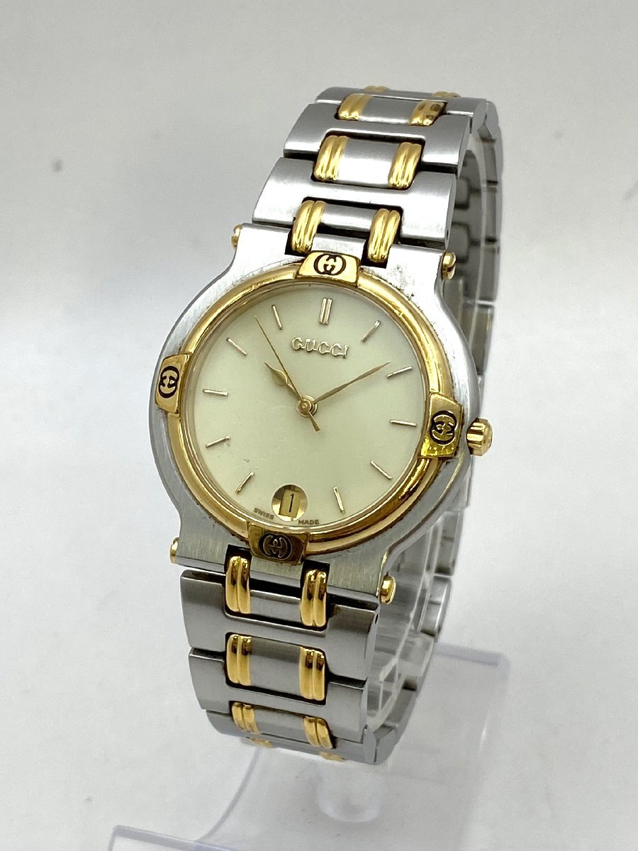 1円～/GUCCI/グッチ/9000M/デイト/3針/アイボリー文字盤/コンビカラー/純正ベルト/クォーツ/メンズ腕時計/ジャンク/H070