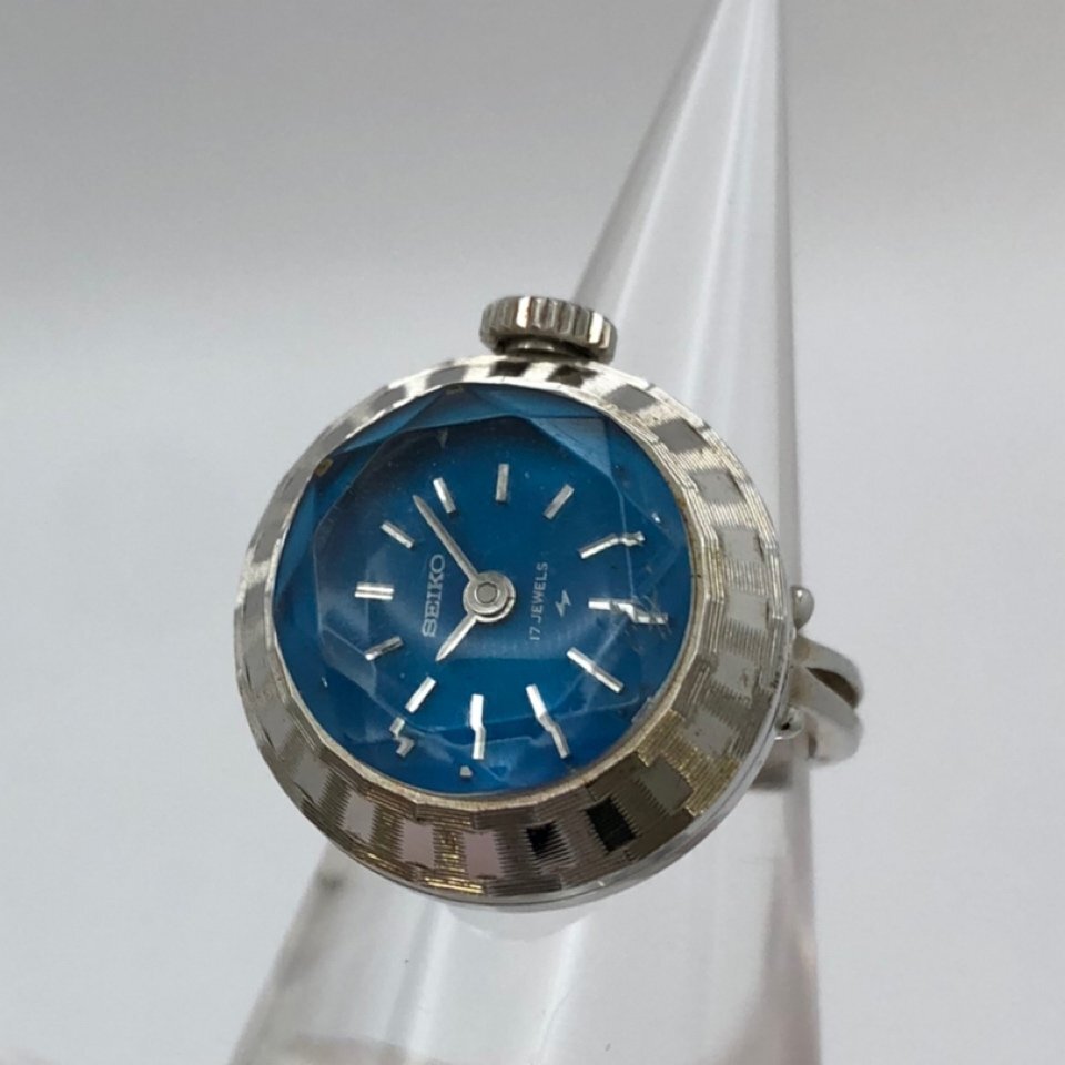 SEIKO/セイコー/11-0290/17石/2針/ブルー文字盤/シルバーカラー/カットガラス/手巻き/アンティーク/リングウォッチ/指輪時計/ジャンク/S097