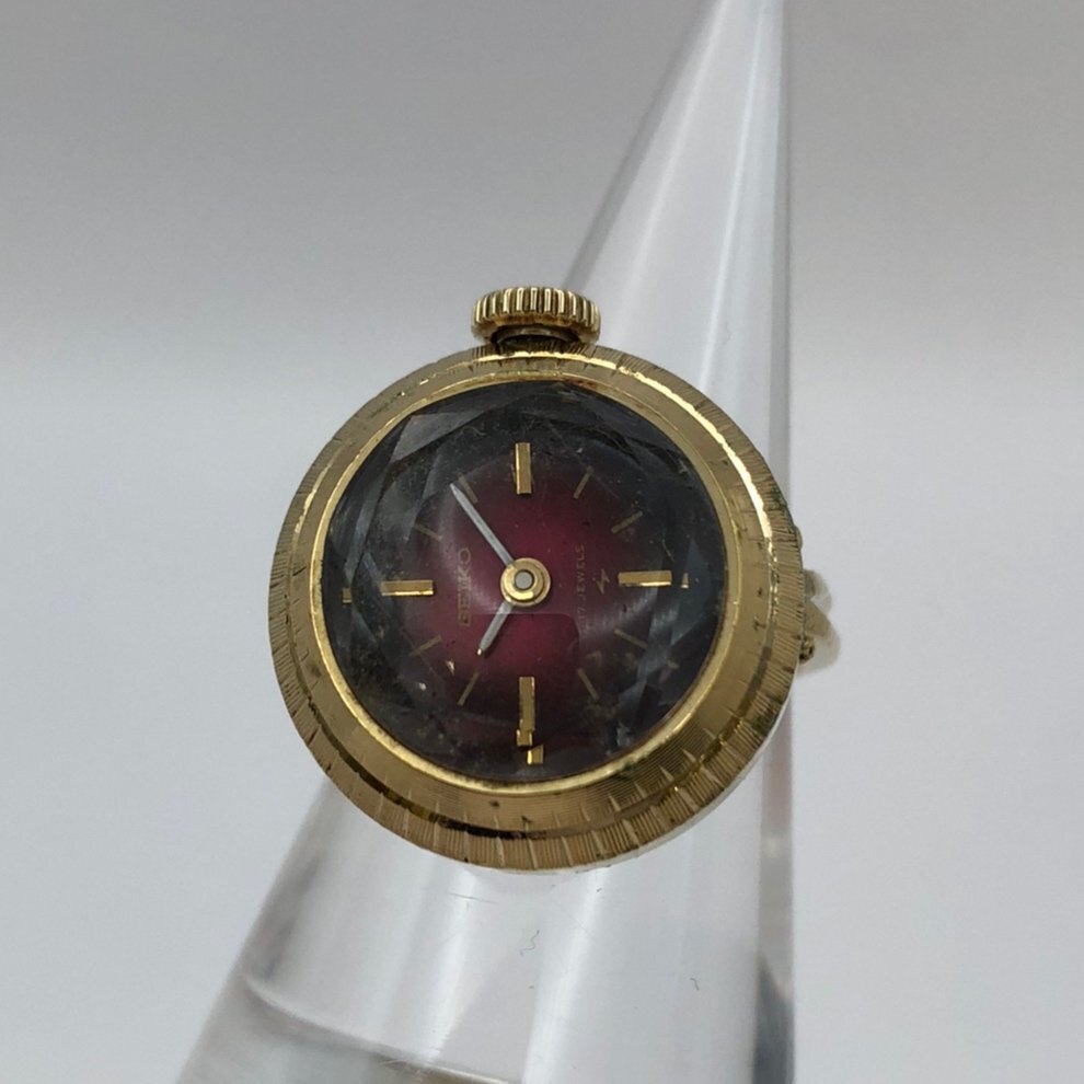 1円～/SEIKO/セイコー/11-0590/17石/2針/レッド系文字盤/カットガラス/手巻き/リングウォッチ/指輪時計/稼動品/アンティーク/ジャンク/S099