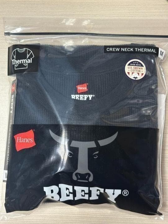 hi0470 Hanes BEEFY ロングT サーマル 丸首 ブラック M