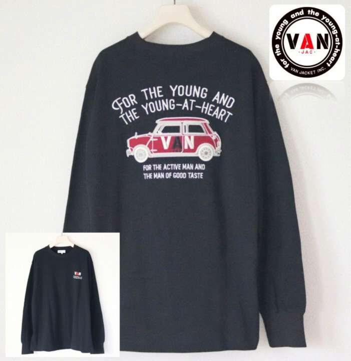15,400円新品【VAN JAC ヴァンジャケット】天竺素材 ミニクーパー豪華刺繍 ロングスリーブ 長袖カットソー 黒 L v8145