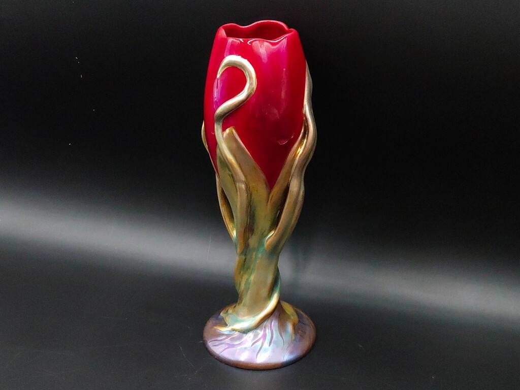 R-087216　ハンガリー　Zsolnay(ジョルナイ)　エオシン釉?　高さ約28cm　チューリップ 花瓶 アールヌーヴォー フラワーベース 花入れ