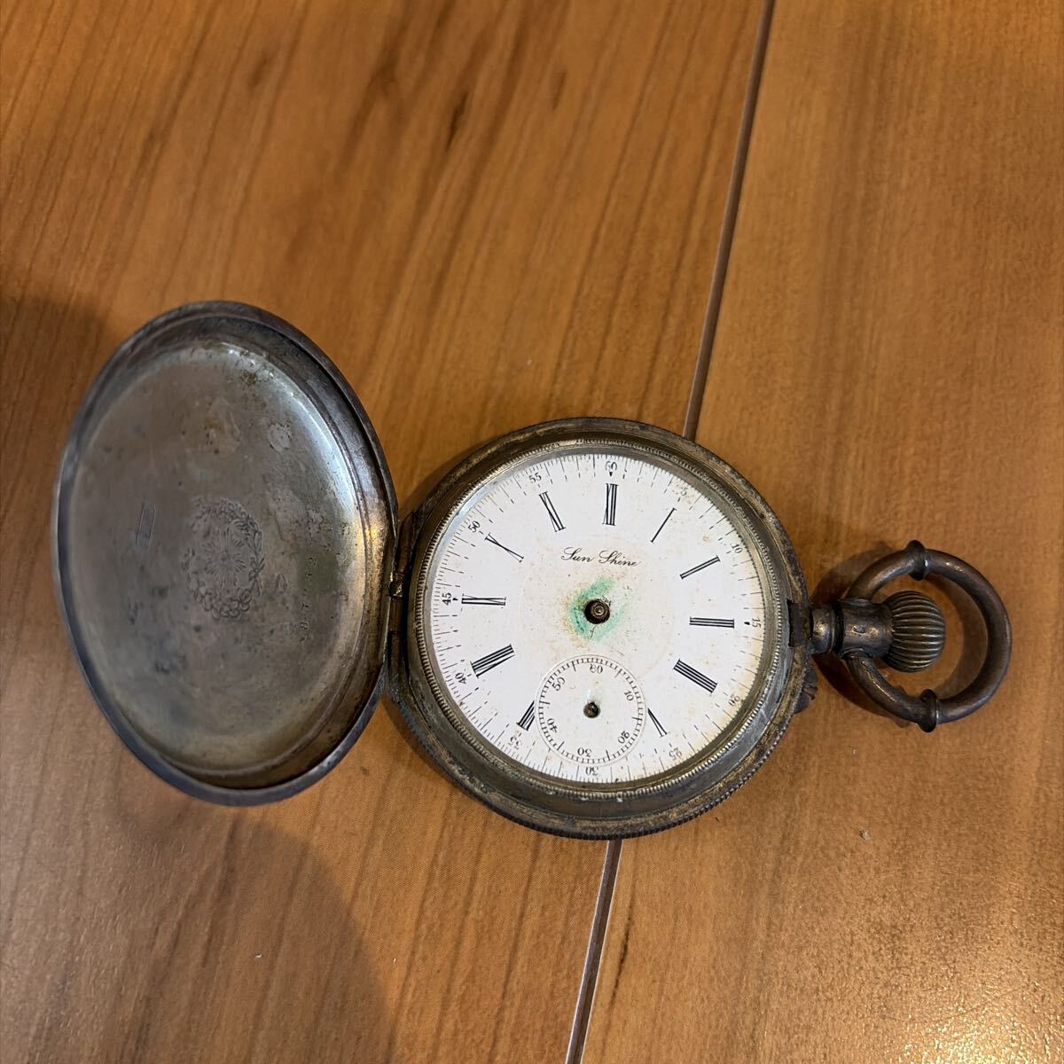 SUN SHINE サンシャイン 銀製 シルバー 懐中時計 0.800 刻印 手巻き スモセコ アンティーク 現状品