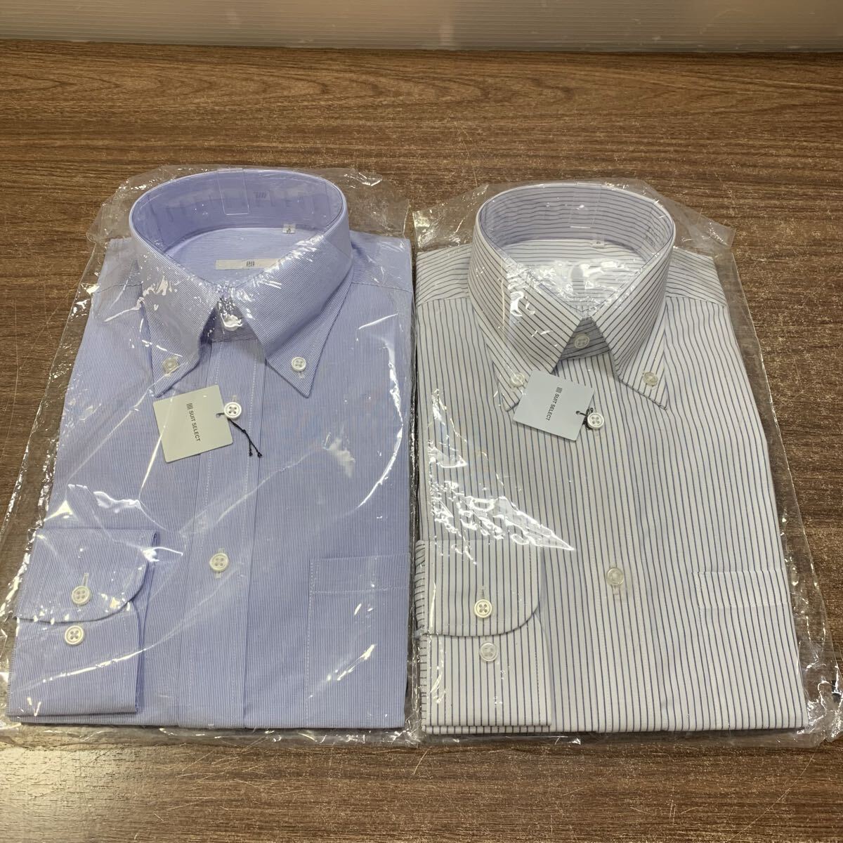 未開封 SUIT SELECT スーツセレクト 形状安定シャツ 2枚 S80サイズ ストライプ柄 ワイシャツ ビジネスシャツ 就活 仕事 メンズ (b5