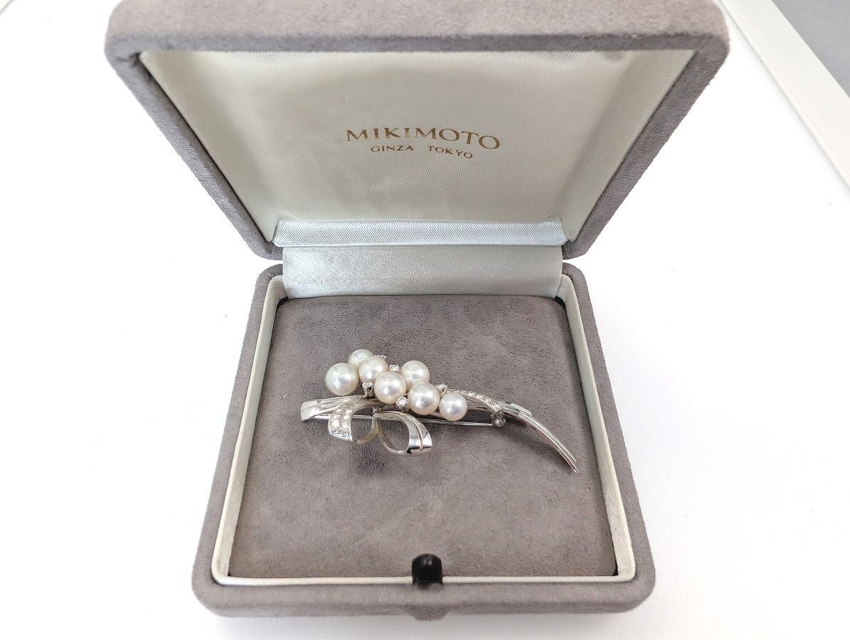MIKIMOTO ミキモト アコヤ真珠 パール ブローチ K14WG ダイヤモンド 総重量 約12.1g[03-7876