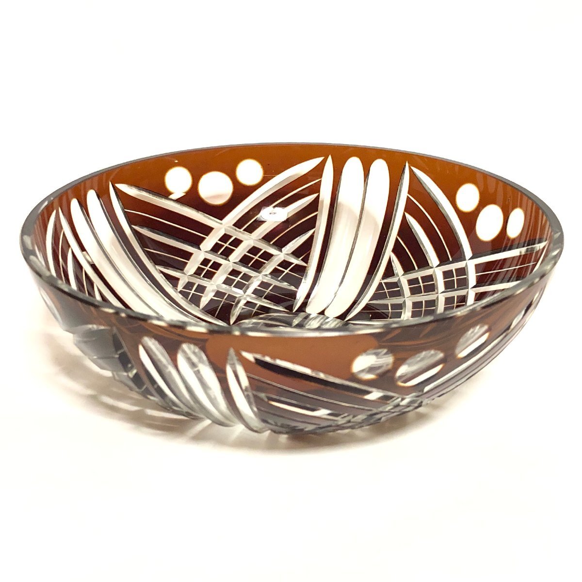 ★昭和レトロ 茶色切子 深皿 Kiriko Cut Glass Brown ★PSJI003