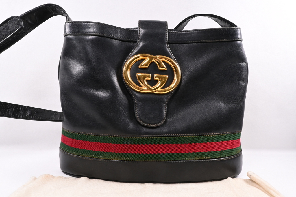 オールドグッチ シェリーライン レザー バケツ型 ショルダーバッグ ブラック 