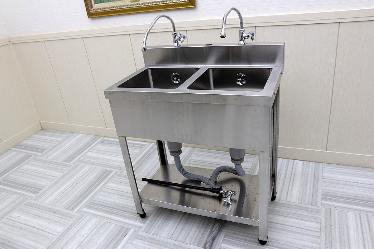美品！ 2槽 シンク 流し 2口 混合水栓 750×450 蛇口付 店舗厨房業務用お店
