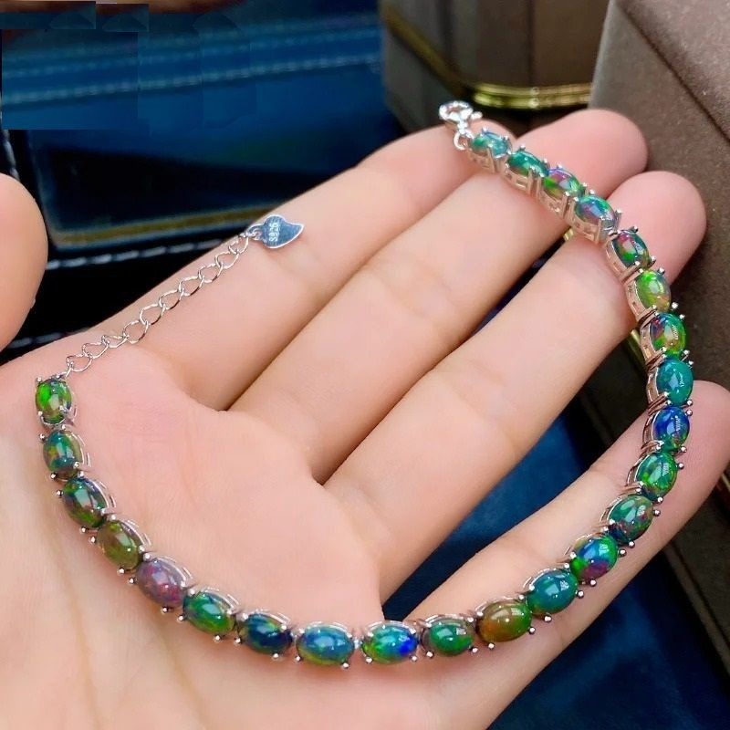 女性のための天然オパールブレスレット、4*6 mm 、925シルバー　□Ma8369