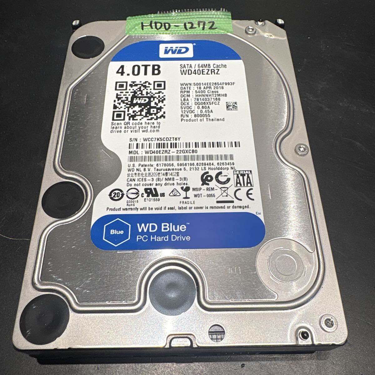 HDD-1272 激安 HDD 4TB 3.5インチ SATA 335時間 内蔵HDD WD WD40EZRZ-22GXCB0 Crystaldiskinfoにて正常品 中古