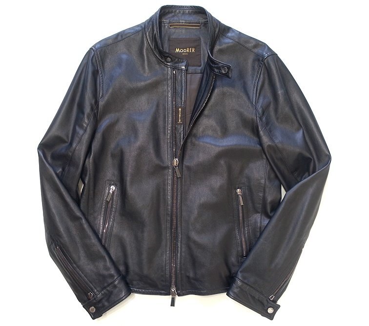 定価50万 美品 MooRER ムーレー カーフレザー シングルライダース ジャケット ブラック 黒 メンズ 48 バイカー ブルゾン