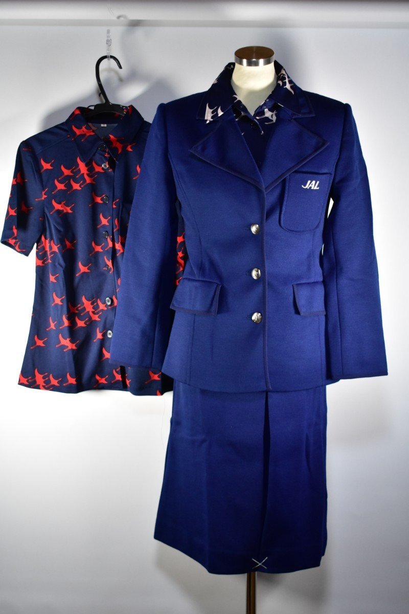 JAL 3代目 地上職 制服 3ピース スーツ (ブレザー ベスト スカート) ＋ 鶴柄 ブラウス 2種 計5点[日本航空][グランドホステス][森英恵][CA]