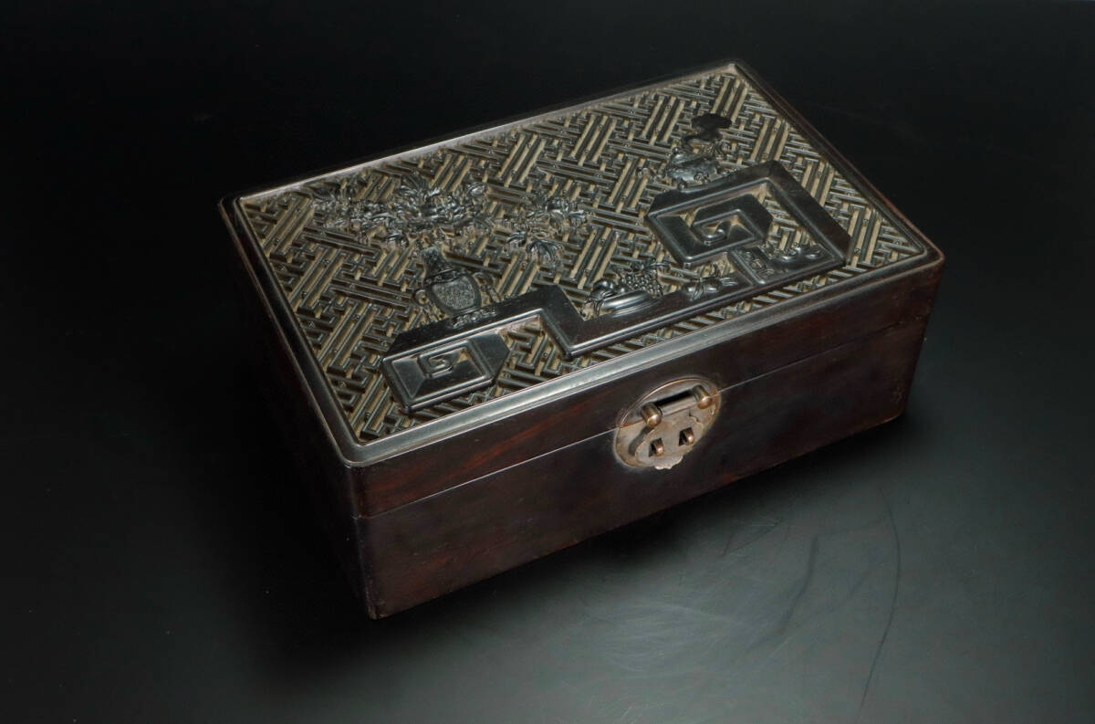 『古』清【紫檀木 箱 盒】重量1581g 木製 文房具 書道具 時代物 中国古美術 古賞物 古置物 擺件 古董 骨董