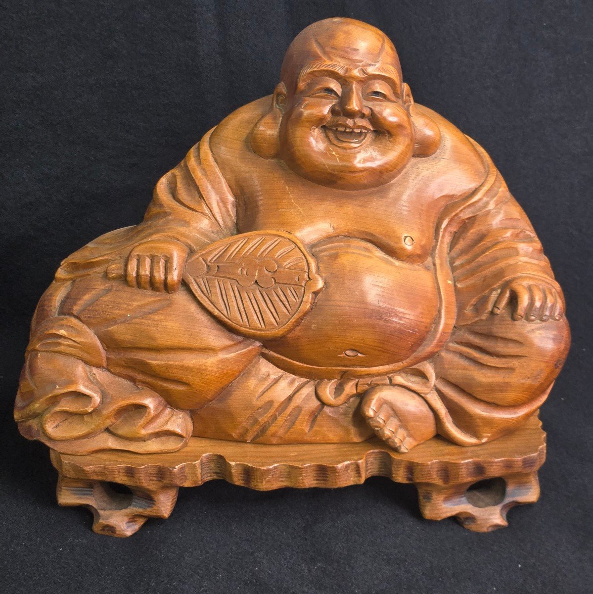 木彫 彫刻 布袋尊像 詳細不明 高さ約30cm 布袋像 布袋様 縁起物 商売繁盛 工芸品 仏像 オブジェ 置物 骨董 レトロ アンティーク