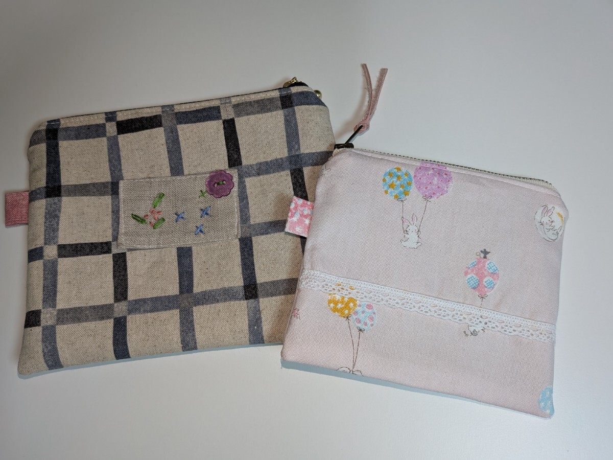 E　ファスナーポーチ　2個セット　綿麻キャンバス　綿　飴ちゃん　お薬　コスメ小物整理に