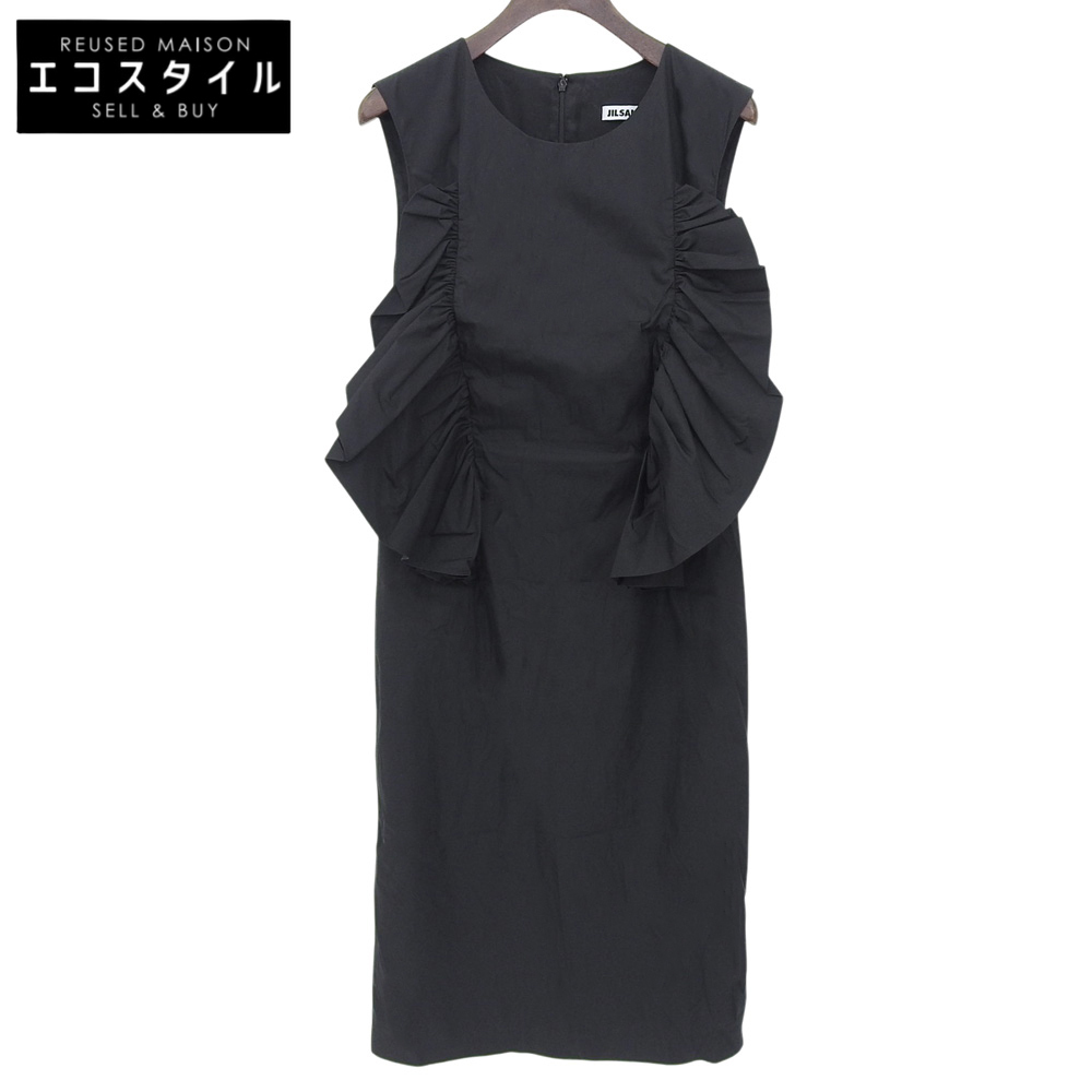 JIL SANDER ジルサンダー コットン×ナイロン フリルデザイン バックジップ ノースリーブワンピース レディース 黒 ブラック 36