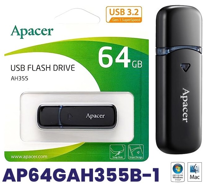 Apacer USBフラッシュメモリ 64GB キャップ式 USB3.2 Gen1 USBメモリ 64GB ブラック AP64GAH355B-1 アペイサー AH355