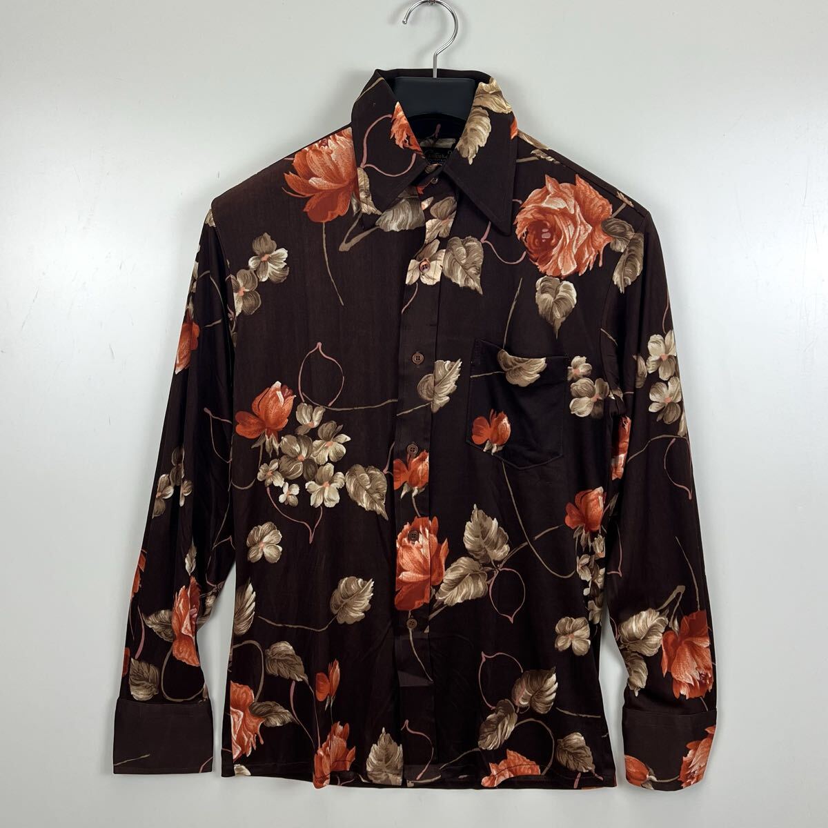 contour knit 70s vintage poly DISCO flower shirts S コンツールニット ヴィンテージ ストレッチ 花柄 長袖シャツ ヒッピー お兄系にも