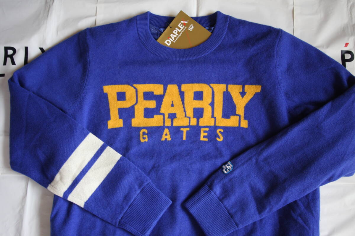 ★正規品★パーリーゲイツ PEARLY GATES★大人気 カシミヤ天竺”DIAPLEX”クルーネックニットプルオーバー★カレッジロゴ★ブルー★5(L)