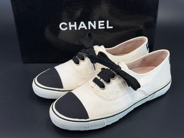 シャネル CHANEL ヴィンテージ AO1849 バイカラー キャンバス デッキシューズ サイズ36(22.5cm～23cm) USED品