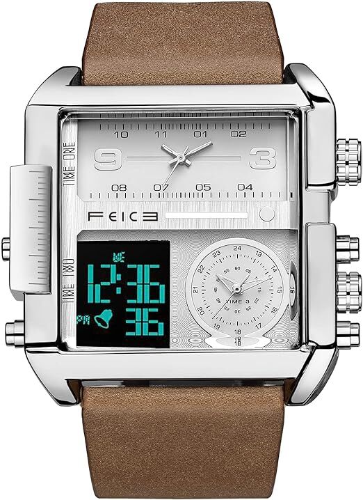 防水 クオーツ 多機能アナログ・デジタル時計 スクエア スポーツウォッ三つ時間表示のおしゃれなクラシックFEICE 腕時計