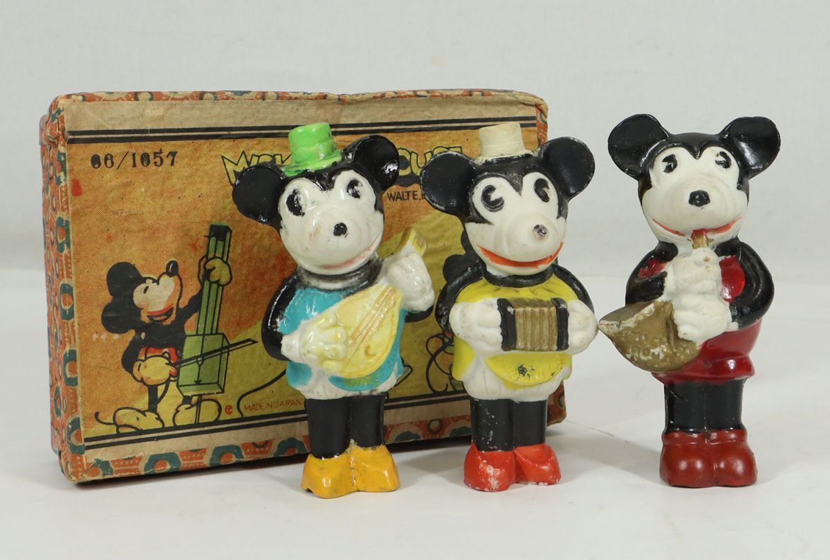 I3110 【昭和レトロ 当時物】 MICKY ミッキー パイカットアイ 陶製フィギュア 陶器 人形 3体 箱入り Made in JAPAN