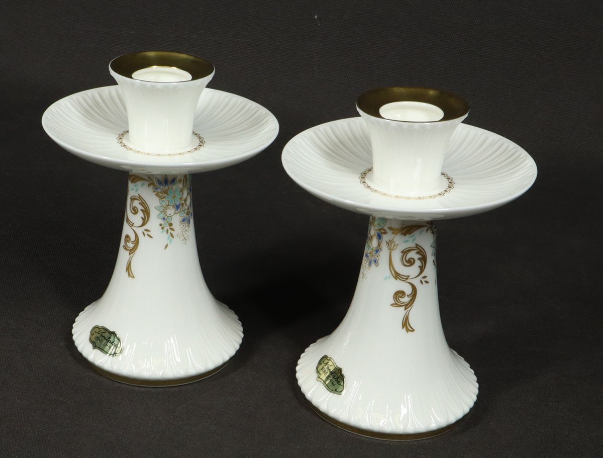 I3401 Noritake ノリタケ ボーンチャイナ 燭台 キャンドルスタンド 一対 金彩 ランプ印