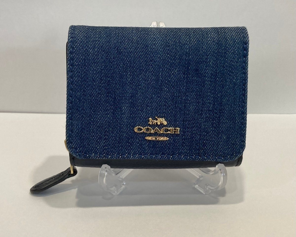 【美品】COACH　コーチ　デニム×レザー　3つ折り財布　C3321　ブランド　コンパクト