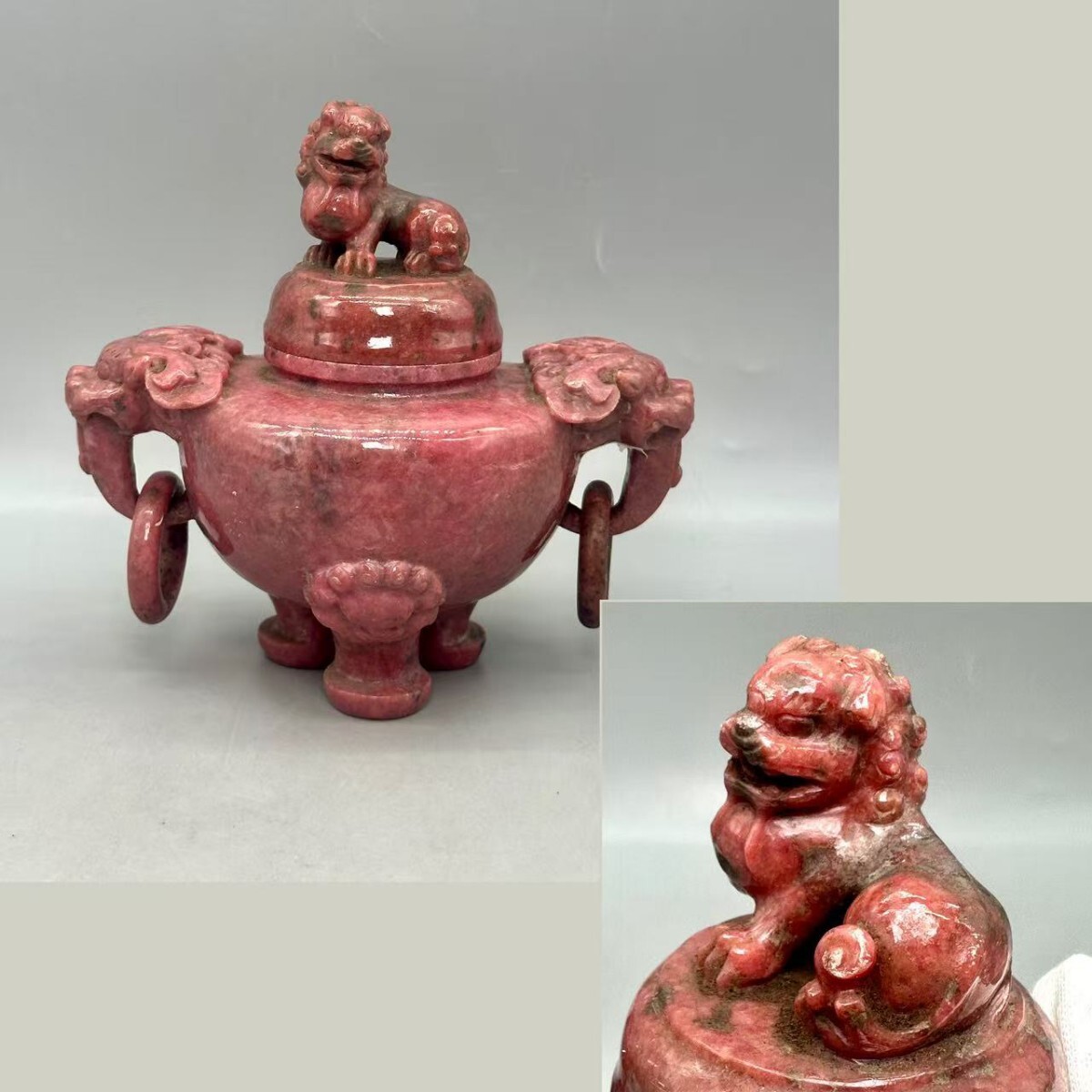 玉石　天然石 香炉　 雙耳獅子鈕香炉 玉器　精細彫刻 縁起物 香道具 古美術品 中国美術 古玩 置物 書道　サイズ約14*1 4.5cm