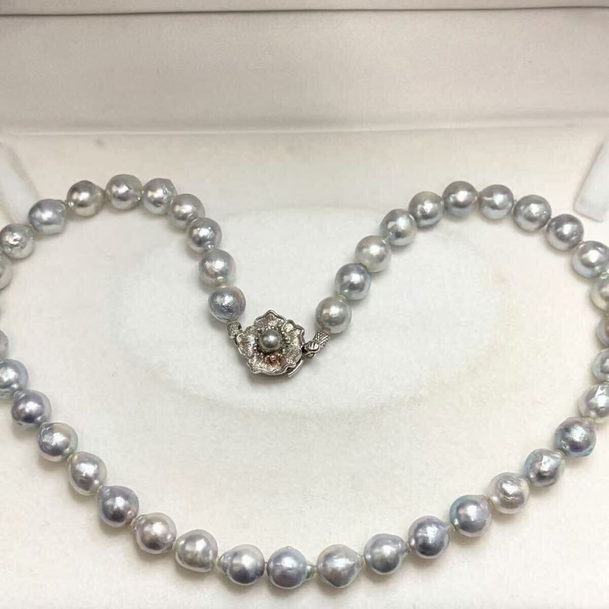 テリ強！本真珠 あこや真珠 アコヤ真珠 バロックパール ネックレス 玉径約9.46mm 留め具SILVER 総重量49.1g ナチュラルグレー系