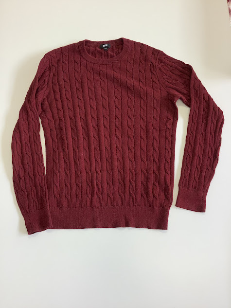 【u1292】【美品】ユニクロ ケーブル編み ニット セーター M ワインレッド ボルドー UNIQLO メンズ コットン 綿カシミヤ混