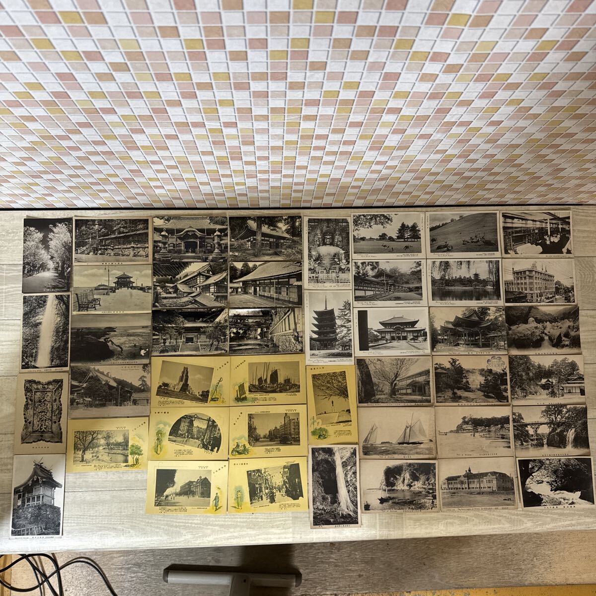 絵葉書 養老瀑布 敵國降伏扁額 神社 青島棧橋 あわび捕り 大蓮 忠霊塔 奈良 大佛 千歳樓 近江 多賀大社 別府 等　43枚まとめ売り 当時物