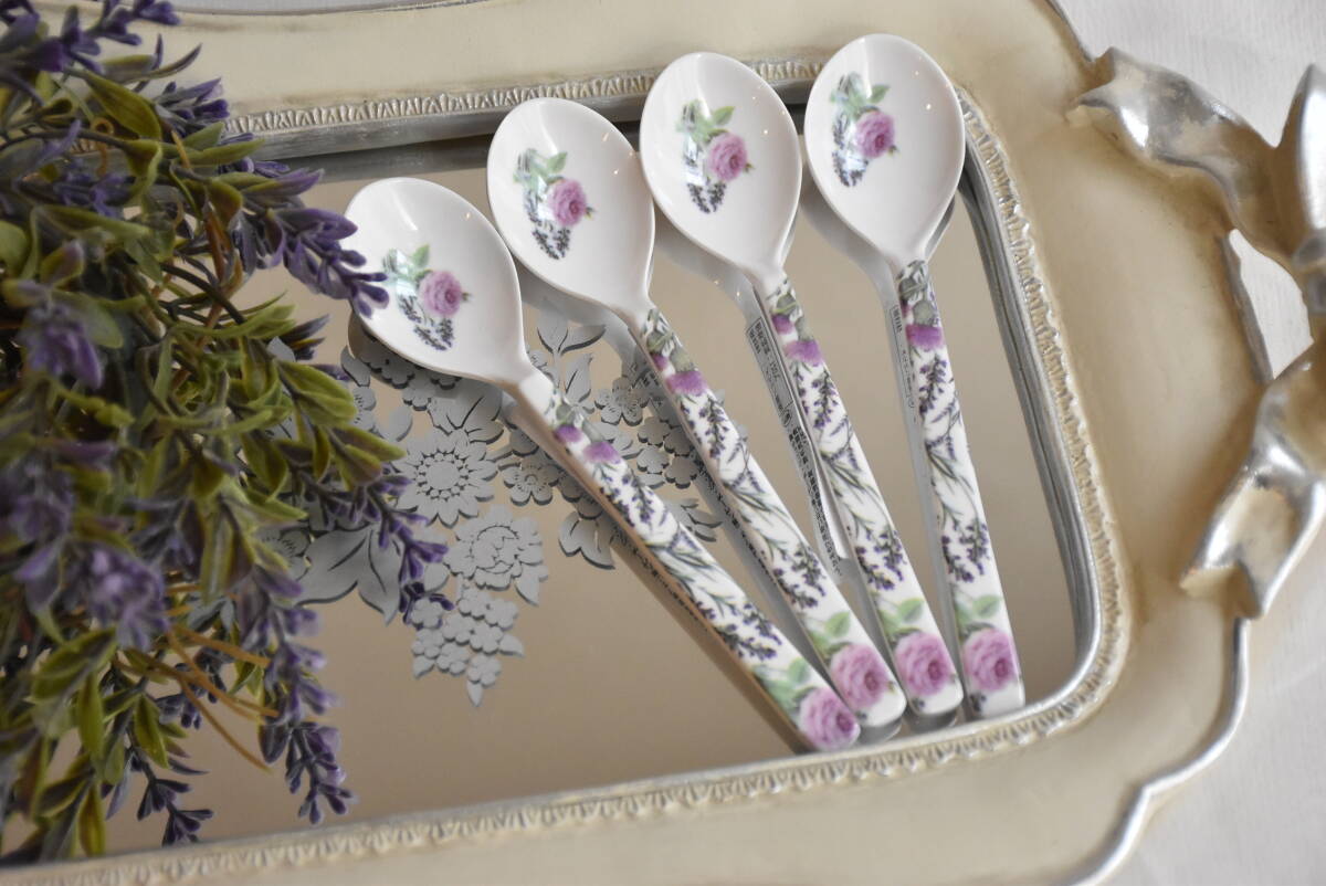MR-SO7-3*条件付き送料無料も有！*ミニスプーン4本セット*メラミン*約14㎝*パープル*ローズ*ラベンダー*薔薇*軽量*丈夫*おしゃれ*便利