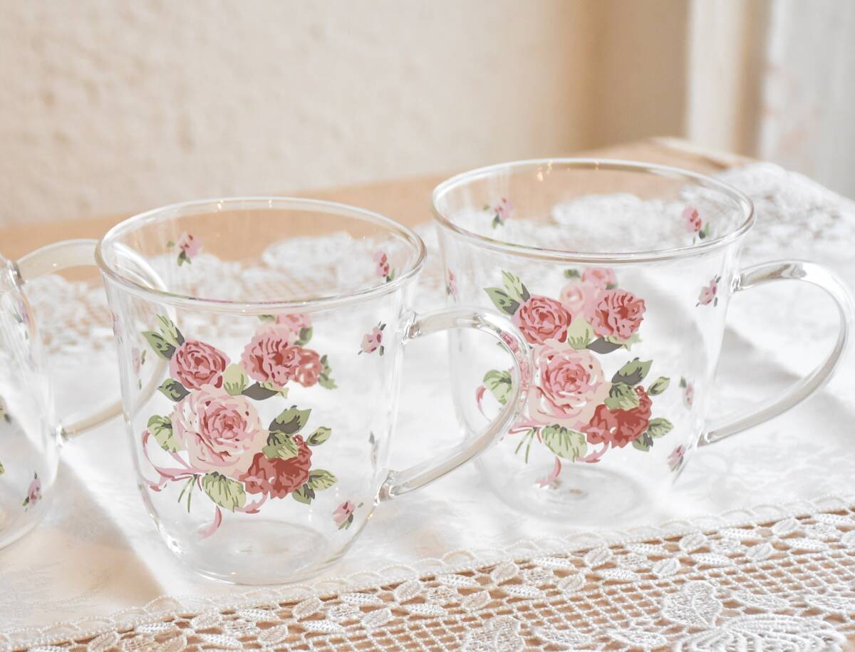 PAY1・G-LE2*耐熱ガラスマグカップ*2個*セット*ローズヴィーナス*マグ*薔薇*バラ*ローズ*耐熱*ティータイム*ガラス