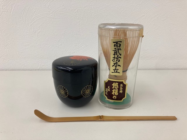 【希少品！レア物！茶筅＆棗＆茶杓3点セット！】茶道具 百弐拾本立 悠楊 竹製 工芸品 職人 抹茶 お稽古 伝統的 お買い得品 743