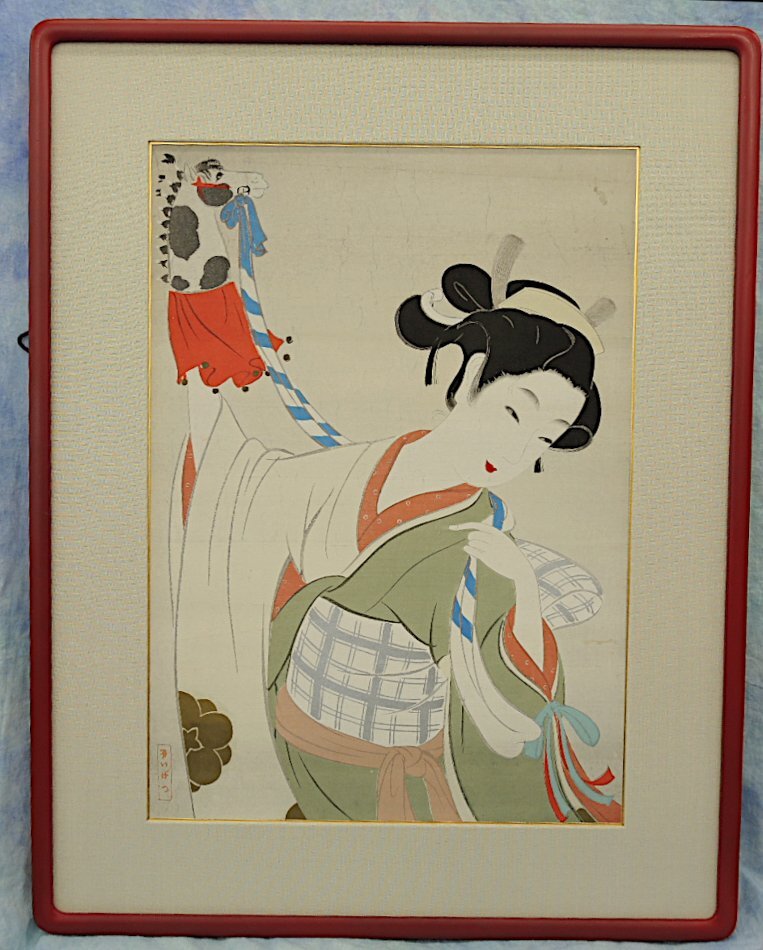 菊池契月 木版画 春駒 美人画 計いげつ 銀彩 金彩 37.5cm×52cm パネルに貼付 額入り Japanese woodblock painting 中古 現状お渡し