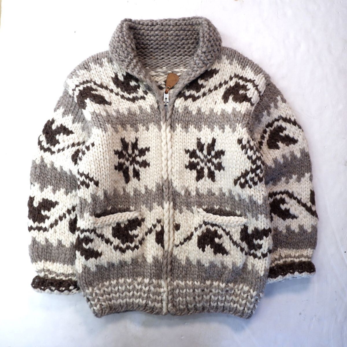 希少★カナダ製★ FRON ENTERPRISES LTD ハンドメイド ウール カウチン ジップ ジャケット レザー焼き印 ニット セーター ヴィンテージ