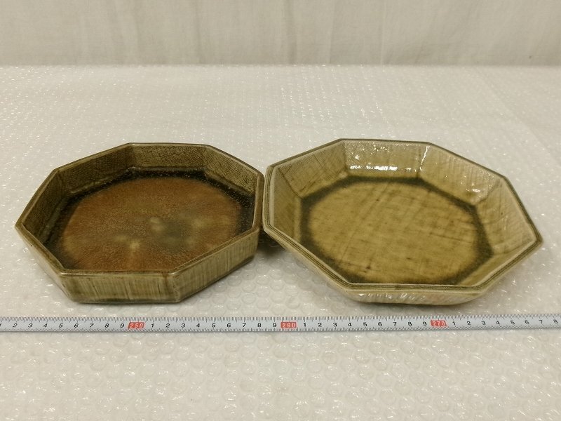 P7916 渡辺六郎 笠間焼 八角形 菓子皿 2点 菓子器