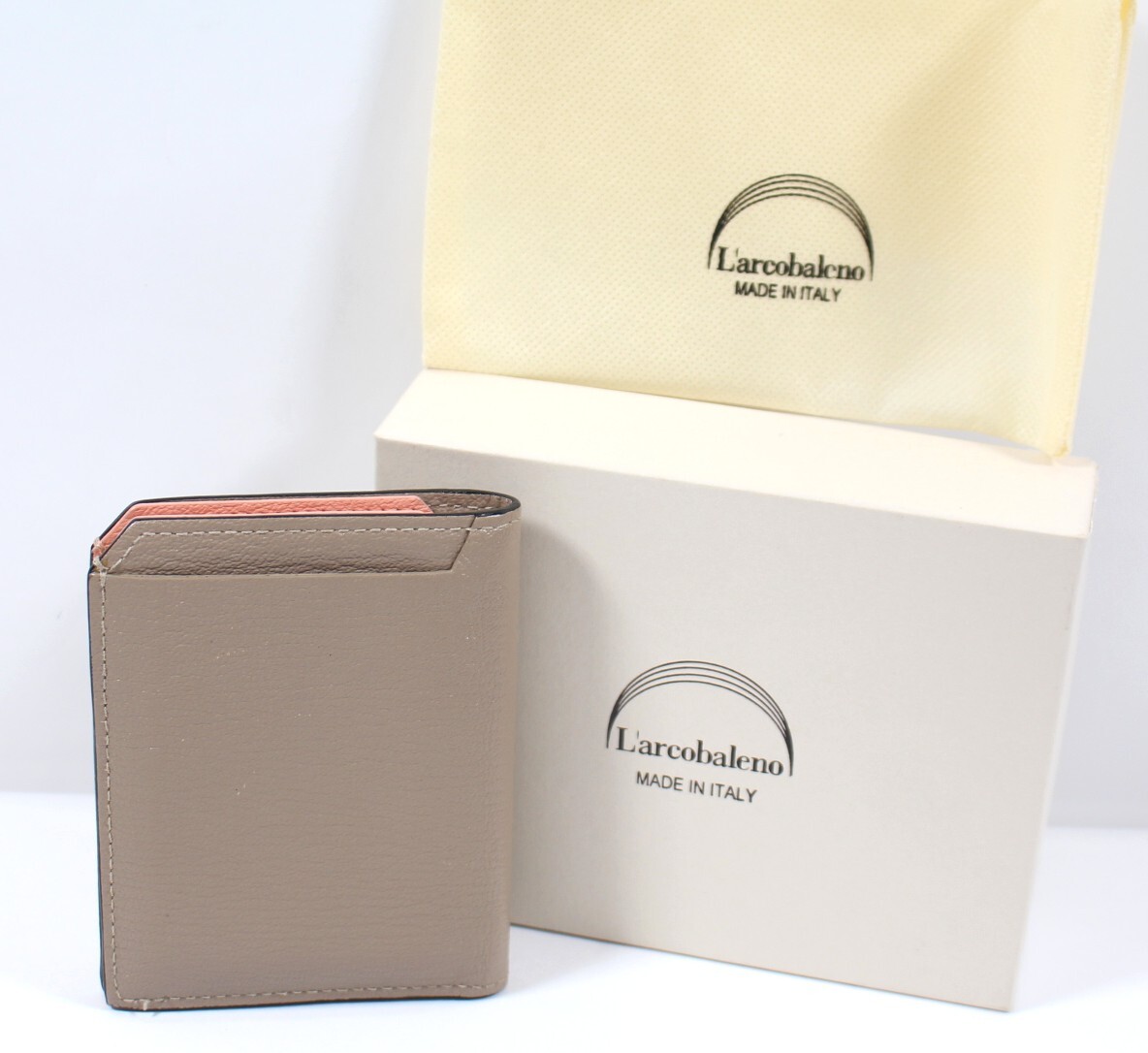 Y7185◆中古品◆L'arcobaleno ラルコバレーノ スマートカードウォレット 二ツ折コンパクト財布 BEIGE X PINK